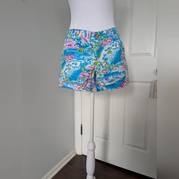 Lilly Pulitzer Blue Floral Print Bermuda Shorts with Pink & Green Accents - Picture 1 of 10
